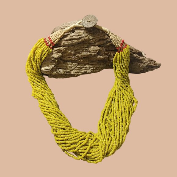 Vintage Naga Konyak Yellow Glass Beaded Necklace Macrame Bronze Coin Clasp - Picture 1 of 16